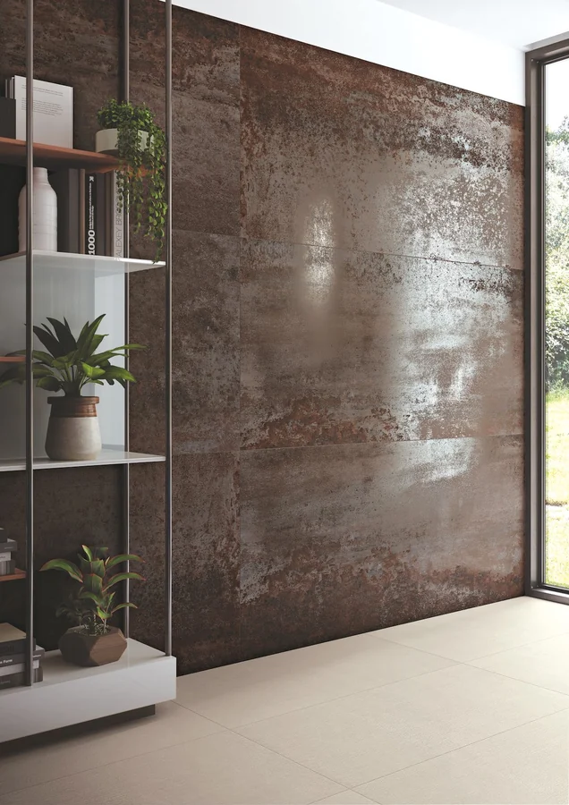 Oxidised metal panel feature wall, interior